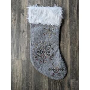 New Gray Silver Sequin Snowflake White Faux Fur Cuff Christmas Stocking Holiday